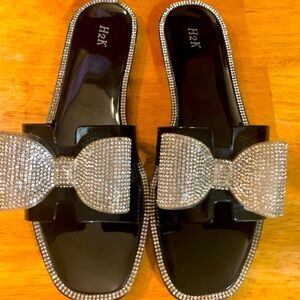 Black and silver rhinstone slip on sandles